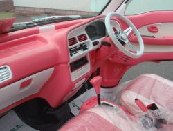 pink and white interior and drivers view